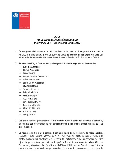 Acta Comité Consultivo Precio del Cobre 2013 Acta Comité Consultivo Precio del Cobre 2013