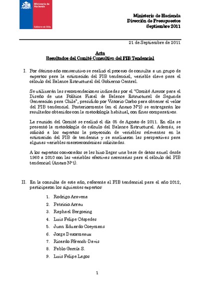 Acta Comité Consultivo PIB Tendencial 2012 Acta Comité Consultivo PIB Tendencial 2012