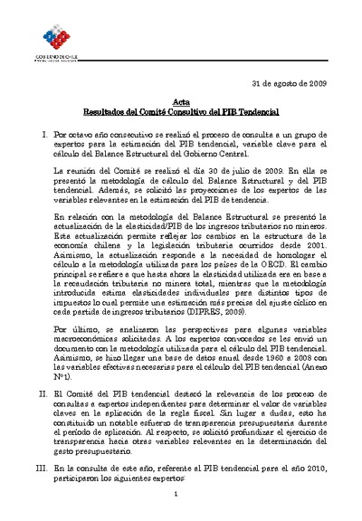 Acta Comité Consultivo PIB Tendencial 2010 Acta Comité Consultivo PIB Tendencial 2010