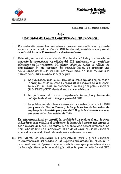 Acta Comité Consultivo PIB Tendencial 2008 Acta Comité Consultivo PIB Tendencial 2008