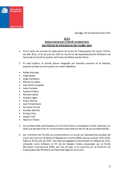 Acta Comité Consultivo Precio del Cobre 2014 Acta Comité Consultivo Precio del Cobre 2014