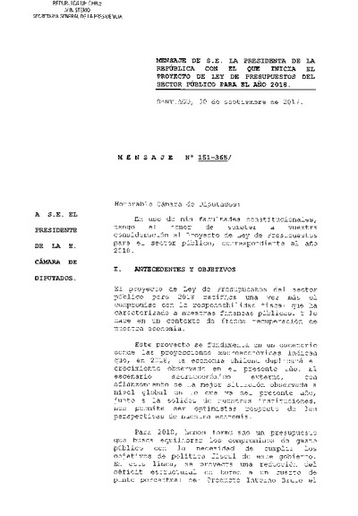 Mensaje Presidencial y Articulado Proyecto de Ley de Presupuestos 2018 Mensaje Presidencial y Articulado Proyecto de Ley de Presupuestos 2018
