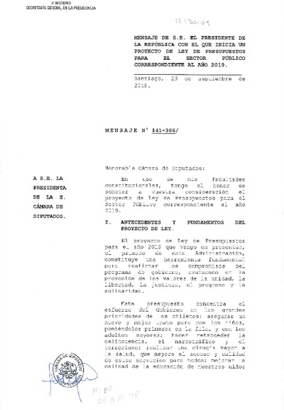 Mensaje Presidencial y Articulado Proyecto de Ley de Presupuestos 2019