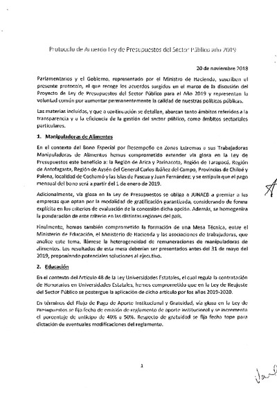 Protocolo de Acuerdo Ley de Presupuestos del Sector Público año 2019