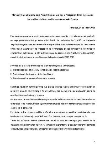 Marco de Entendimiento para Plan de Emergencia por la Protección de los ingresos de las familias y la Reactivación económica y del Empleo