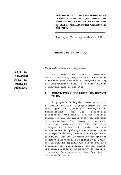 Mensaje Presidencial y Articulado Proyecto de Ley de Presupuestos 2022