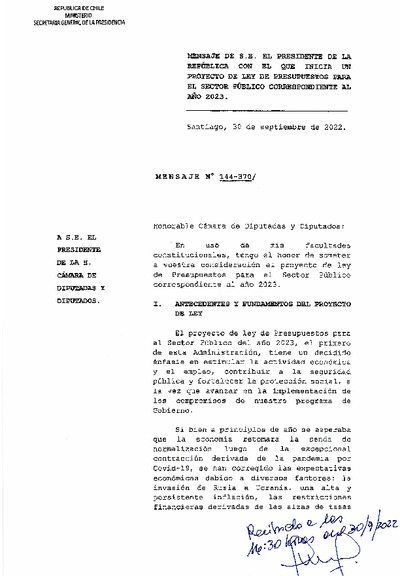 Mensaje Presidencial y Articulado Proyecto de Ley de Presupuestos 2023 Mensaje Presidencial y Articulado Proyecto de Ley de Presupuestos 2023