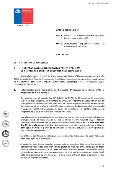 Oficio Circular 04 Instrucciones específicas para Ley de Presupuestos del Sector Público 2023 Oficio Circular 04 Instrucciones específicas para Ley de Presupuestos del Sector Público 2023