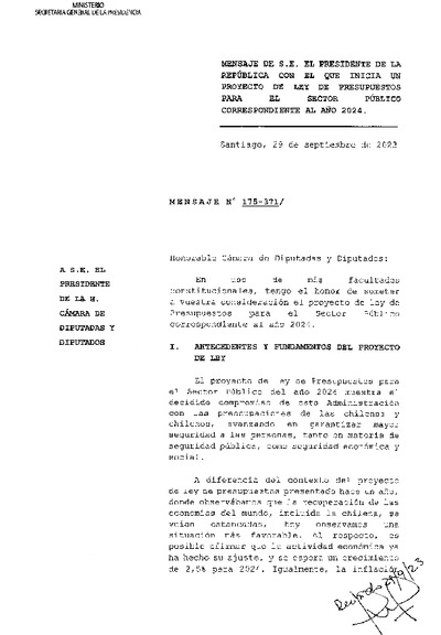 Mensaje Presidencial y Articulado Proyecto de Ley de Presupuestos 2024 Mensaje Presidencial y Articulado Proyecto de Ley de Presupuestos 2024