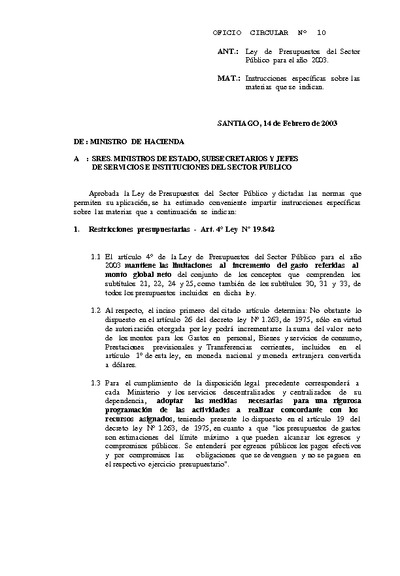 Instrucciones para Ejecución de la Ley de Presupuestos del Sector Público año 2002 Instrucciones para Ejecución de la Ley de Presupuestos del Sector Público año 2002