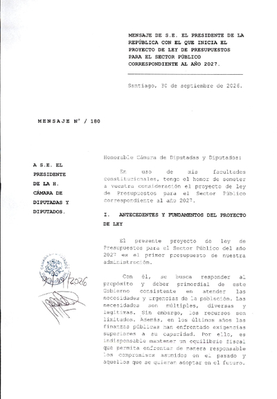 Mensaje Presidencial y Articulado Proyecto de Ley de Presupuestos 2027