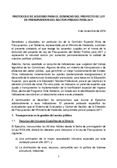 Protocolo de Acuerdo Ley de Presupuestos del Sector Público año 2011